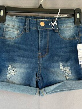 NWT Denim Diva Girls sz6x Dark Distressed Denim Shorts with Rolled Hem Stretch